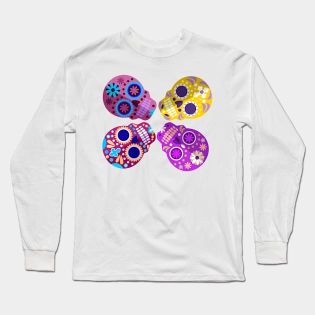 Colorful Sugar Skulls Design Long Sleeve T-Shirt by Mako Design 